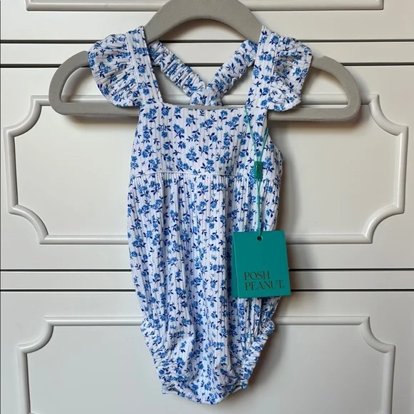 ❌SOLD❌ NWT Posh Peanut Baby Girl Blue & White Floral Ruffle Bubble Romper 0-3M - Picture 1 of 11